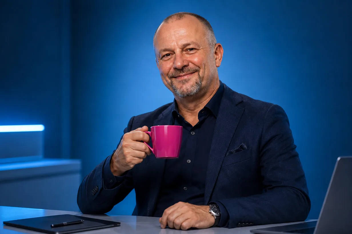 Uśmiechnięty partner wFirma z kubkiem przy biurku
