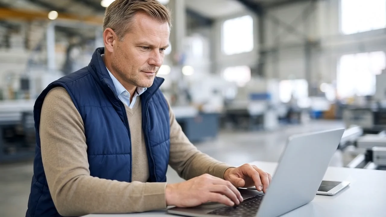 Klient wFirma pracujący na laptopie w hali produkcyjnej